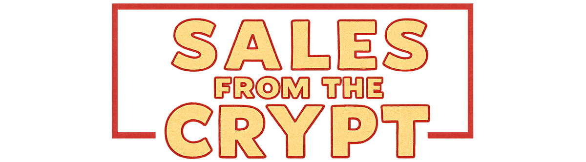 Logo for 'Sales from the Crypt' with red border and yellow text on a white background