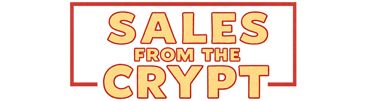 Logo for 'Sales from the Crypt' with red border and yellow text on a white background