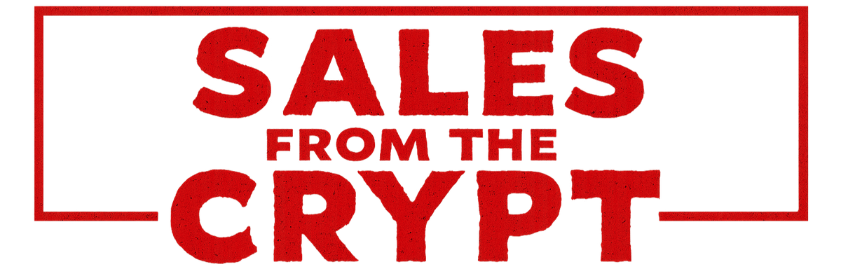 Red text 'SALES FROM THE CRYPT' on a white background
